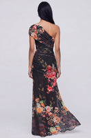 Load image into Gallery viewer, Champagne Floral One Shoulder Ruched Long Mermaid Formal Dress with Slit