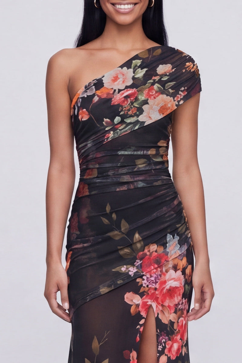Load image into Gallery viewer, Champagne Floral One Shoulder Ruched Long Mermaid Formal Dress with Slit