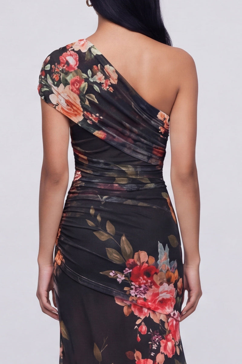Load image into Gallery viewer, Champagne Floral One Shoulder Ruched Long Mermaid Formal Dress with Slit