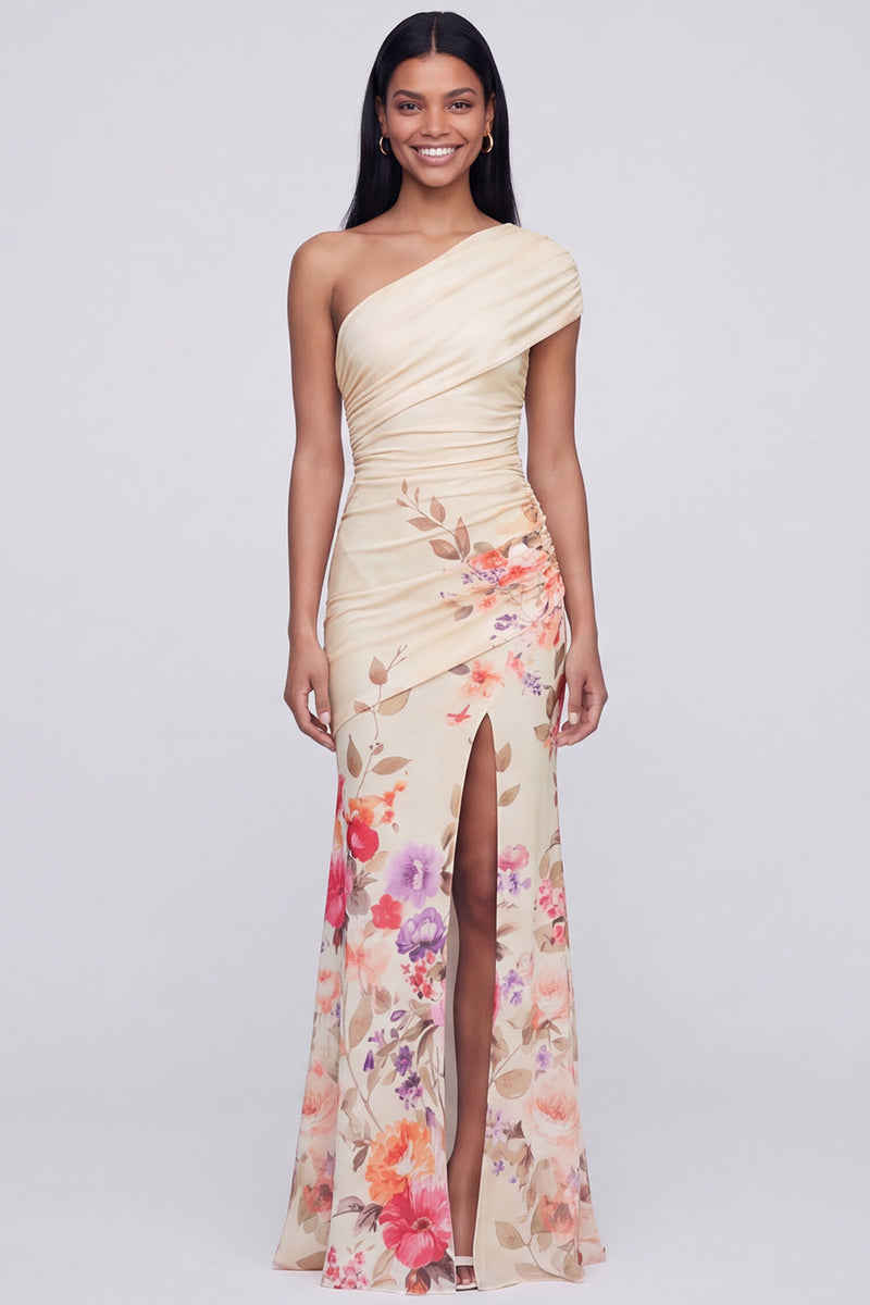 Load image into Gallery viewer, Champagne Floral One Shoulder Ruched Long Mermaid Formal Dress with Slit