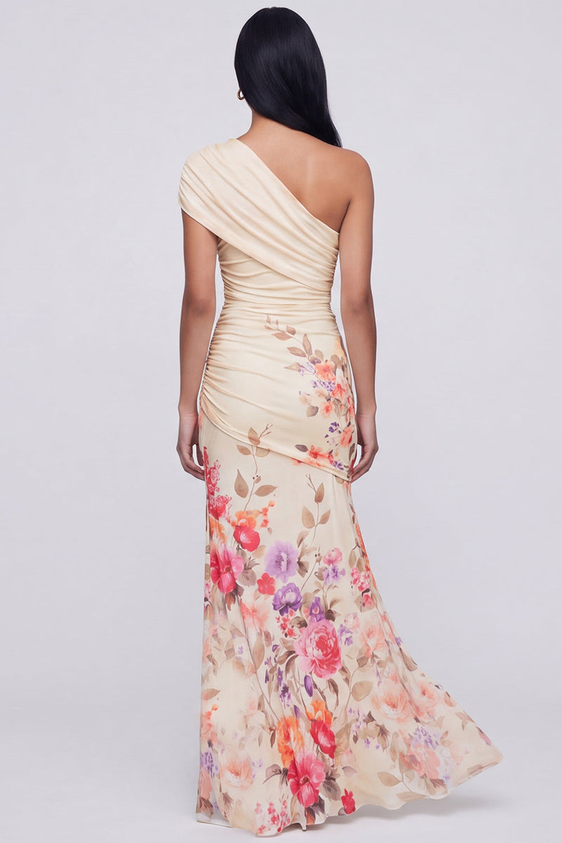 Load image into Gallery viewer, Champagne Floral One Shoulder Ruched Long Mermaid Formal Dress with Slit