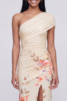 Load image into Gallery viewer, Champagne Floral One Shoulder Ruched Long Mermaid Formal Dress with Slit