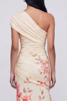 Load image into Gallery viewer, Champagne Floral One Shoulder Ruched Long Mermaid Formal Dress with Slit