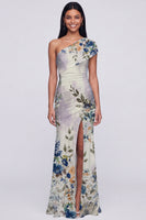 Load image into Gallery viewer, Champagne Floral One Shoulder Ruched Long Mermaid Formal Dress with Slit