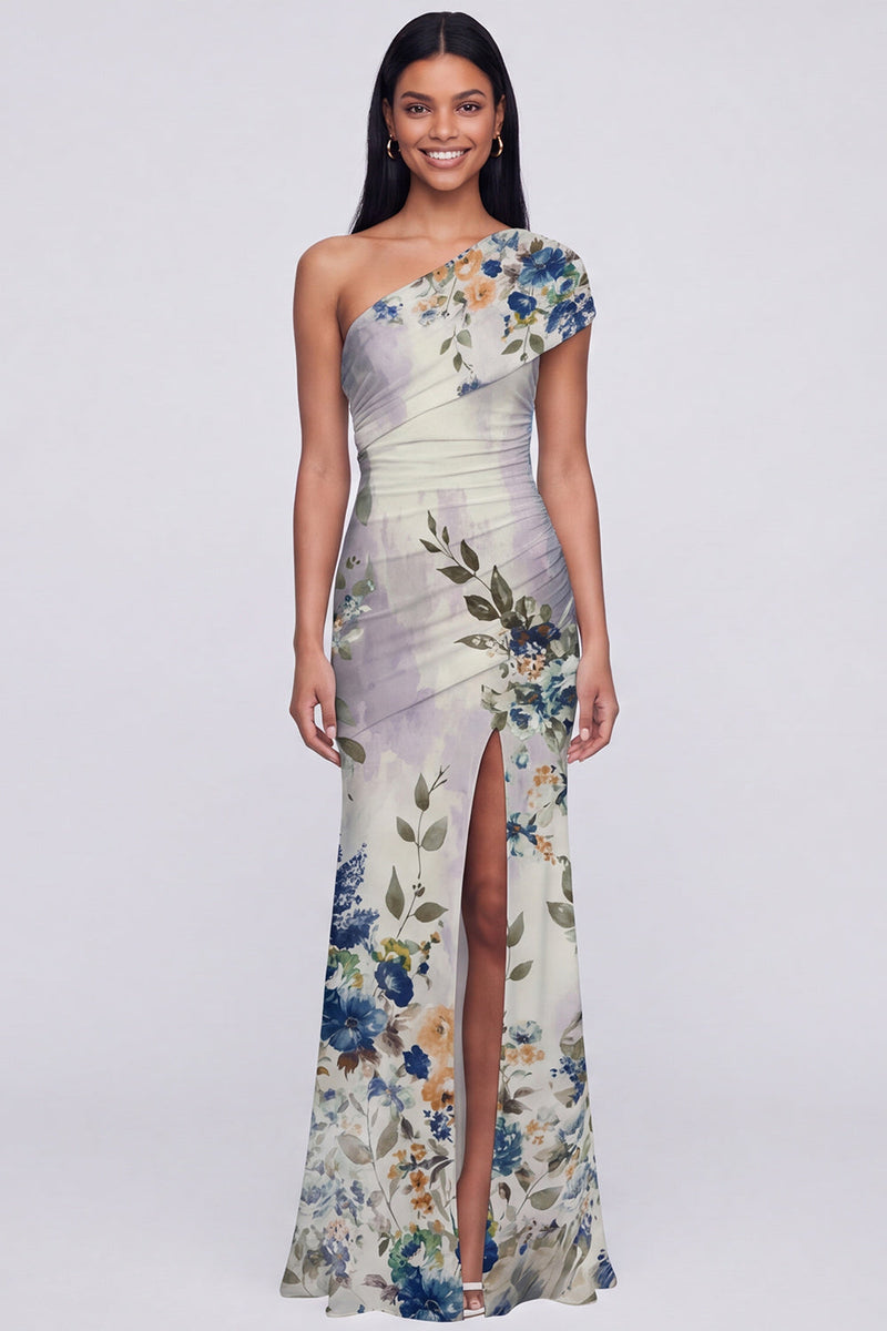 Load image into Gallery viewer, Champagne Floral One Shoulder Ruched Long Mermaid Formal Dress with Slit