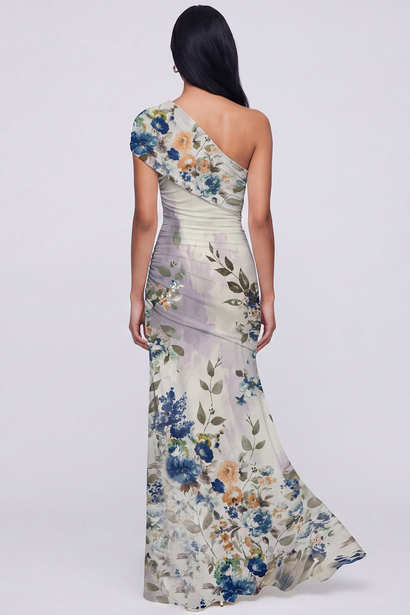 Load image into Gallery viewer, Champagne Floral One Shoulder Ruched Long Mermaid Formal Dress with Slit