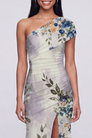 Load image into Gallery viewer, Champagne Floral One Shoulder Ruched Long Mermaid Formal Dress with Slit
