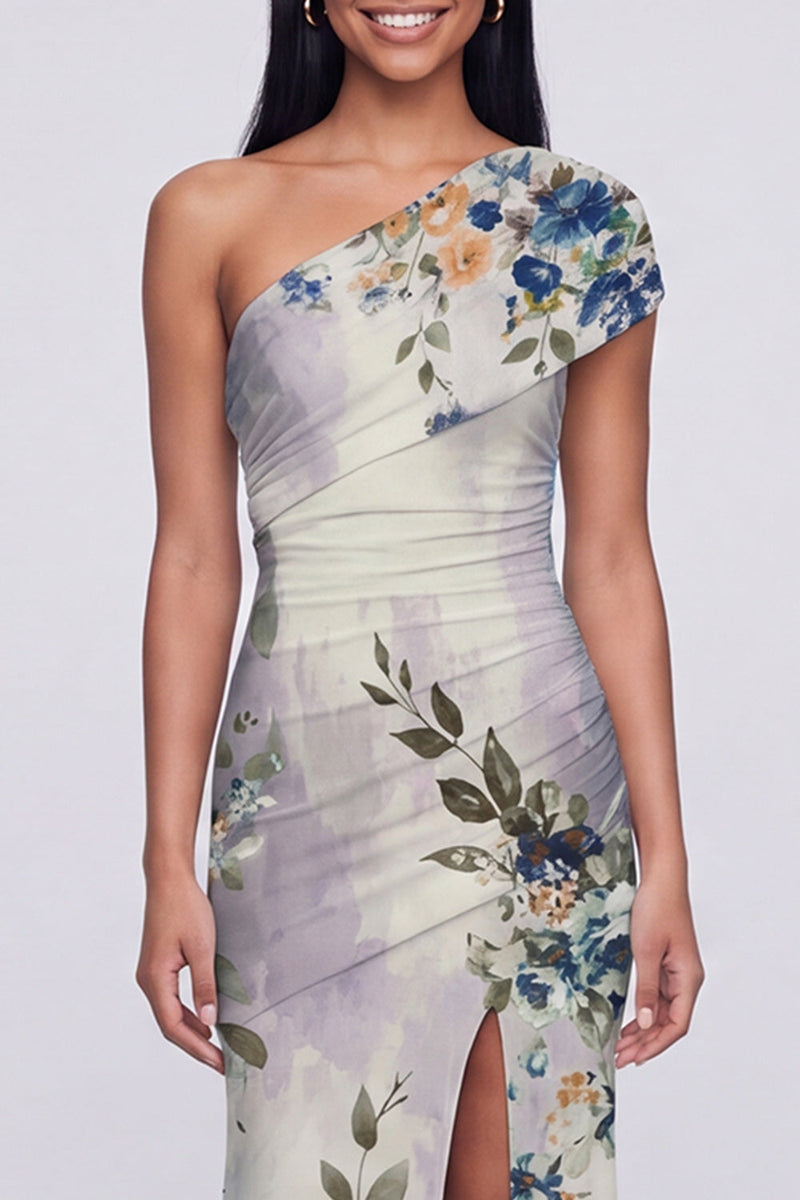 Load image into Gallery viewer, Champagne Floral One Shoulder Ruched Long Mermaid Formal Dress with Slit