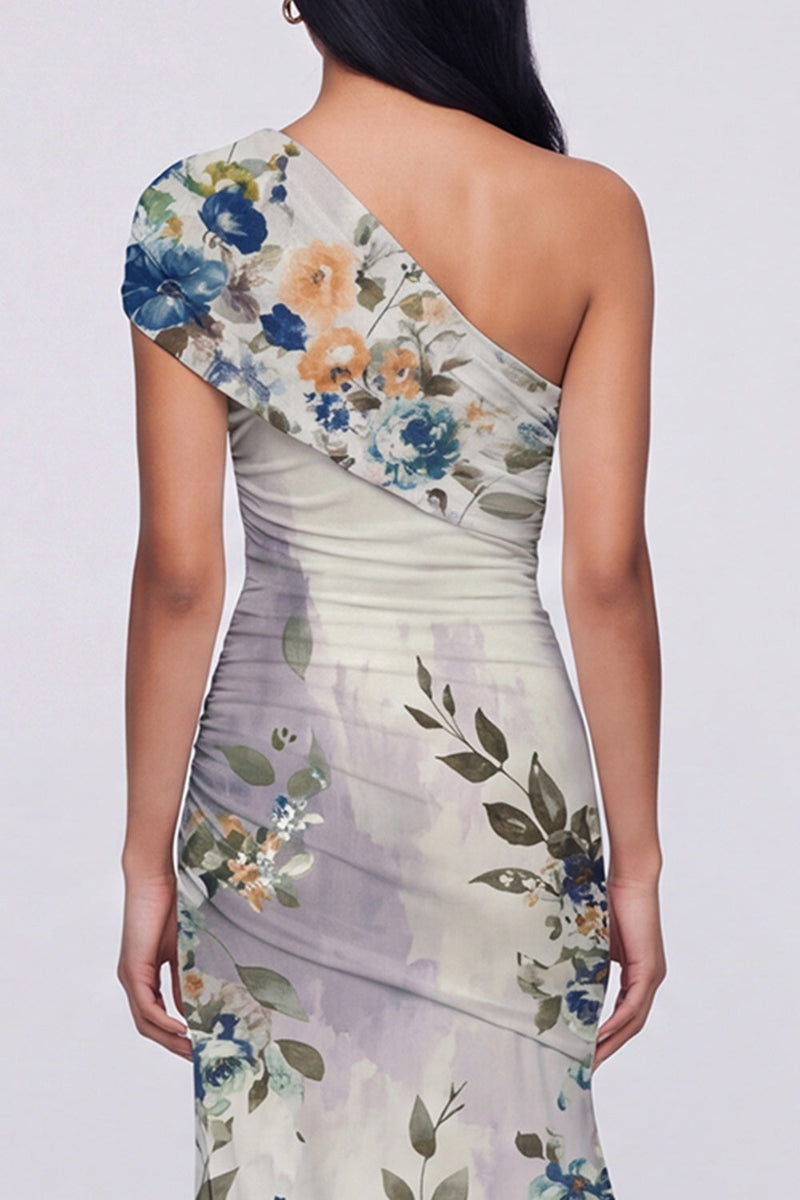 Load image into Gallery viewer, Champagne Floral One Shoulder Ruched Long Mermaid Formal Dress with Slit