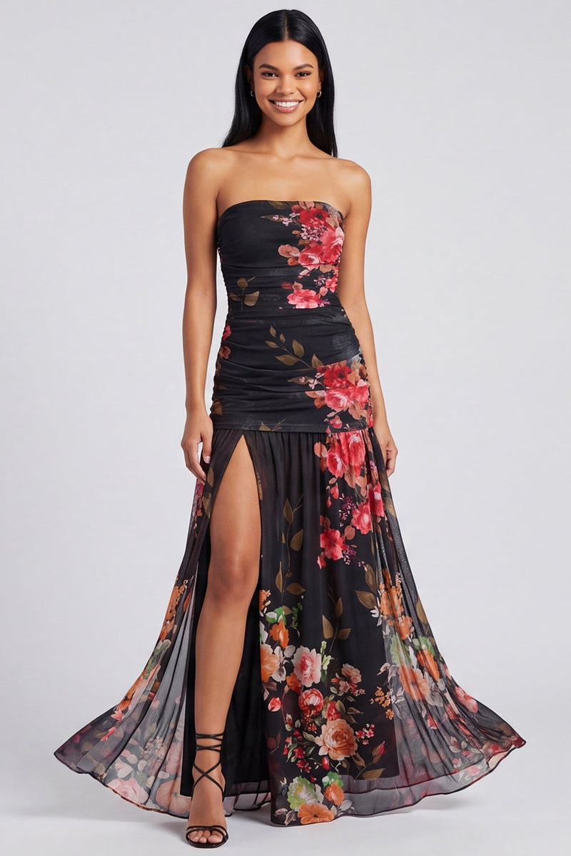 Load image into Gallery viewer, Ivory Floral Strapless Ruched Long A Line Formal Dress with Slit