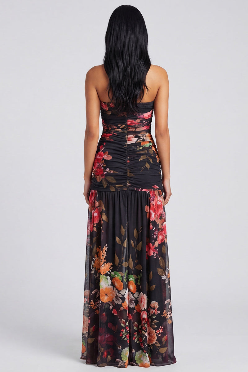 Load image into Gallery viewer, Ivory Floral Strapless Ruched Long A Line Formal Dress with Slit