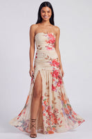 Load image into Gallery viewer, Ivory Floral Strapless Ruched Long A Line Formal Dress with Slit