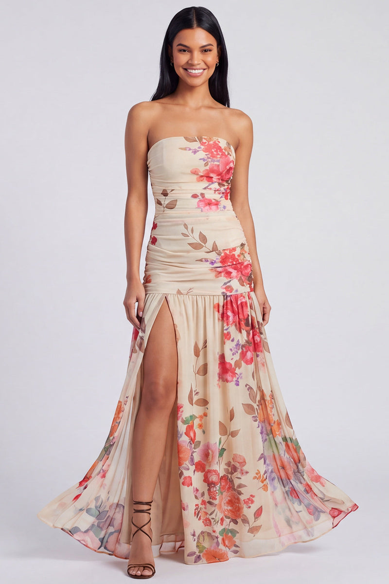 Load image into Gallery viewer, Ivory Floral Strapless Ruched Long A Line Formal Dress with Slit