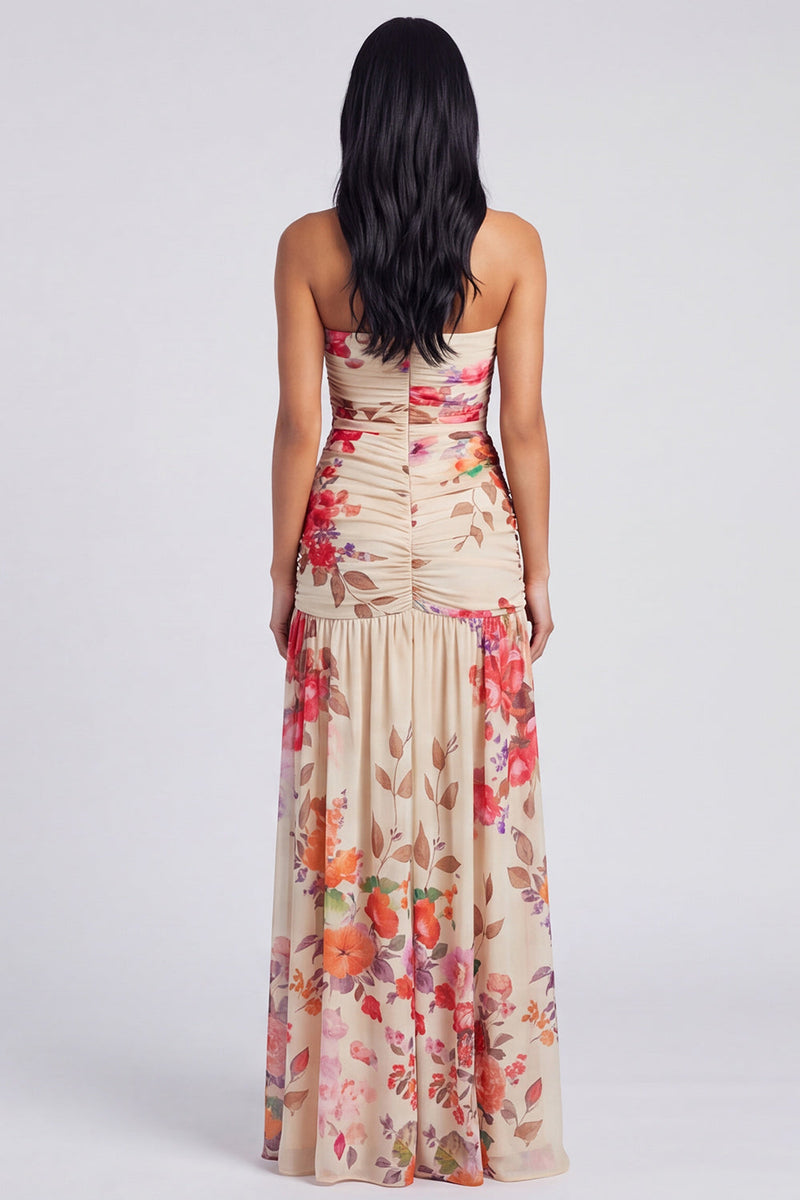 Load image into Gallery viewer, Ivory Floral Strapless Ruched Long A Line Formal Dress with Slit