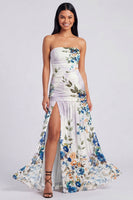Load image into Gallery viewer, Ivory Floral Strapless Ruched Long A Line Formal Dress with Slit