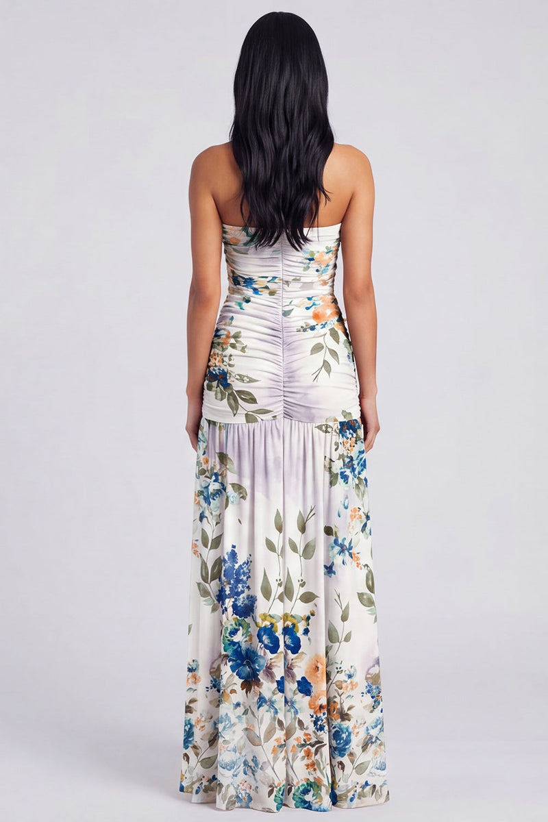Load image into Gallery viewer, Ivory Floral Strapless Ruched Long A Line Formal Dress with Slit