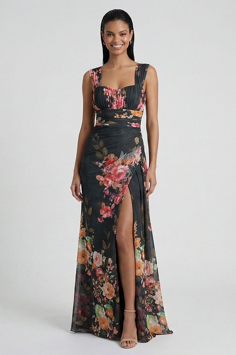 Load image into Gallery viewer, Black Ruched Floral Mermaid Long Formal Dress with Slit