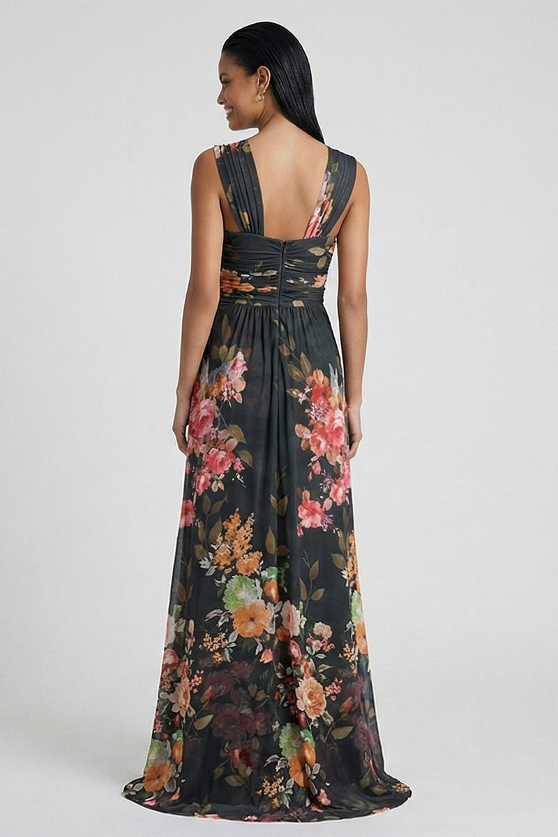 Load image into Gallery viewer, Black Ruched Floral Mermaid Long Formal Dress with Slit