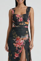 Load image into Gallery viewer, Black Ruched Floral Mermaid Long Formal Dress with Slit
