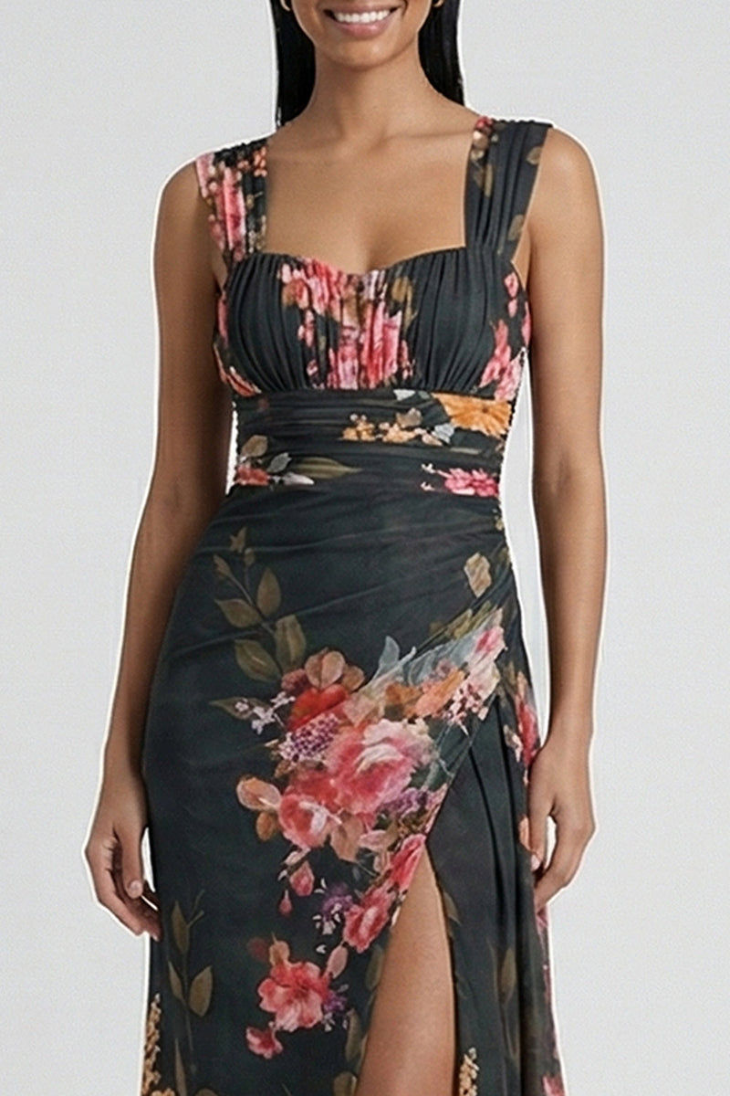 Load image into Gallery viewer, Black Ruched Floral Mermaid Long Formal Dress with Slit