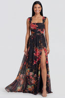 Load image into Gallery viewer, Black Floral Ruched Square Neck Long A Line Formal Dress with Slit
