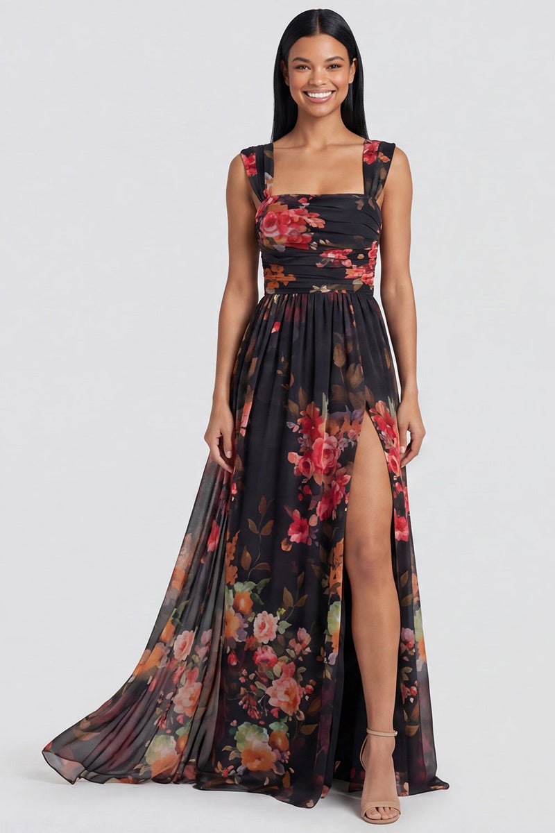 Load image into Gallery viewer, Black Floral Ruched Square Neck Long A Line Formal Dress with Slit