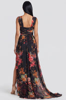 Load image into Gallery viewer, Black Floral Ruched Square Neck Long A Line Formal Dress with Slit