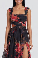 Load image into Gallery viewer, Black Floral Ruched Square Neck Long A Line Formal Dress with Slit