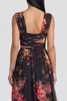 Load image into Gallery viewer, Black Floral Ruched Square Neck Long A Line Formal Dress with Slit