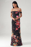 Load image into Gallery viewer, Black Floral Off the Shoulder Beaded Ruched Long Mermaid Formal Dress with Cape