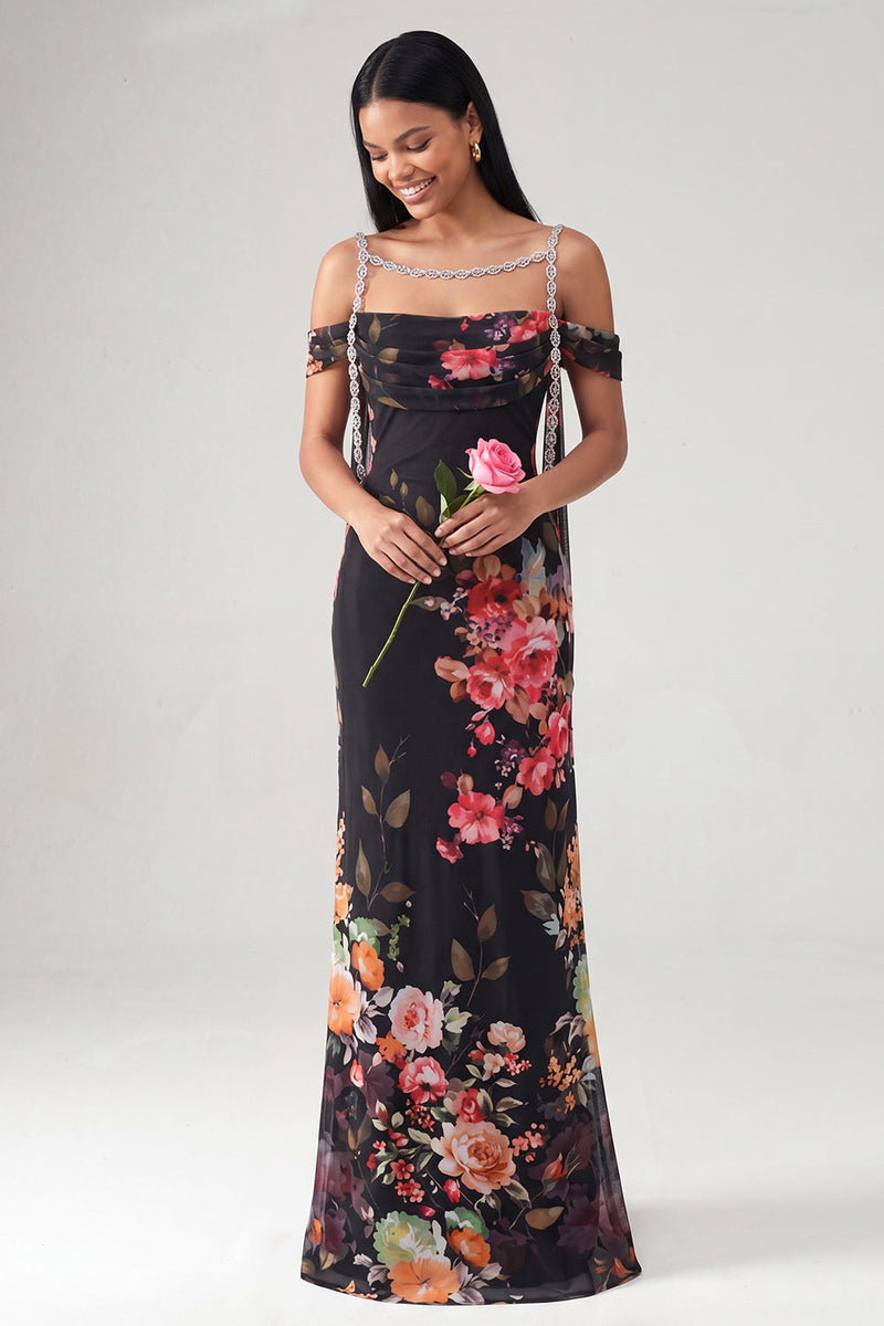 Load image into Gallery viewer, Black Floral Off the Shoulder Beaded Ruched Long Mermaid Formal Dress with Cape