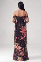 Load image into Gallery viewer, Black Floral Off the Shoulder Beaded Ruched Long Mermaid Formal Dress with Cape