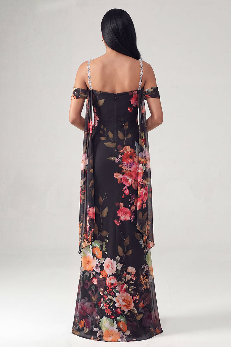 Load image into Gallery viewer, Black Floral Off the Shoulder Beaded Ruched Long Mermaid Formal Dress with Cape
