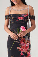 Load image into Gallery viewer, Black Floral Off the Shoulder Beaded Ruched Long Mermaid Formal Dress with Cape