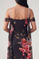 Load image into Gallery viewer, Black Floral Off the Shoulder Beaded Ruched Long Mermaid Formal Dress with Cape