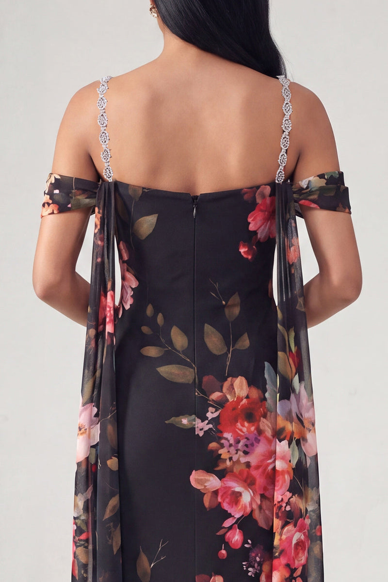Load image into Gallery viewer, Black Floral Off the Shoulder Beaded Ruched Long Mermaid Formal Dress with Cape