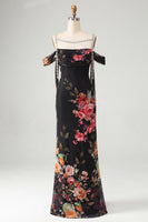 Load image into Gallery viewer, Black Floral Off the Shoulder Beaded Ruched Long Mermaid Formal Dress with Cape