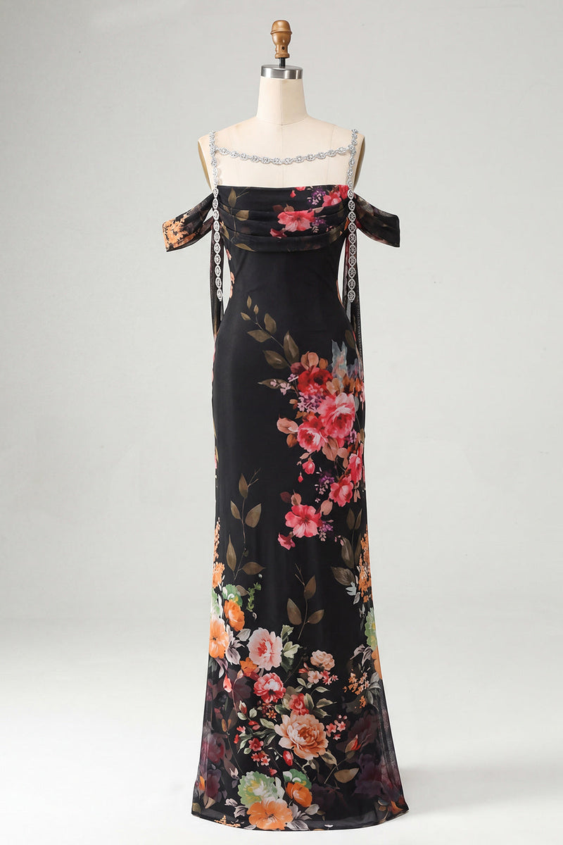 Load image into Gallery viewer, Black Floral Off the Shoulder Beaded Ruched Long Mermaid Formal Dress with Cape