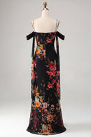 Load image into Gallery viewer, Black Floral Off the Shoulder Beaded Ruched Long Mermaid Formal Dress with Cape