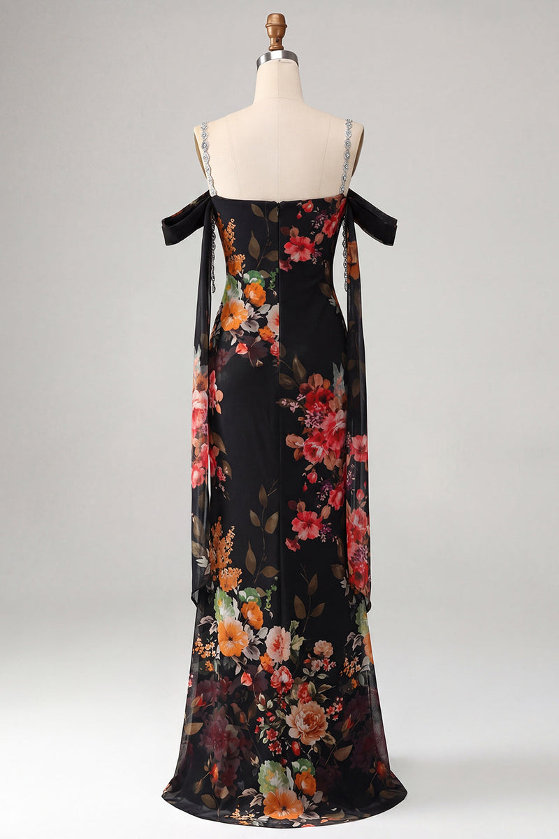 Load image into Gallery viewer, Black Floral Off the Shoulder Beaded Ruched Long Mermaid Formal Dress with Cape