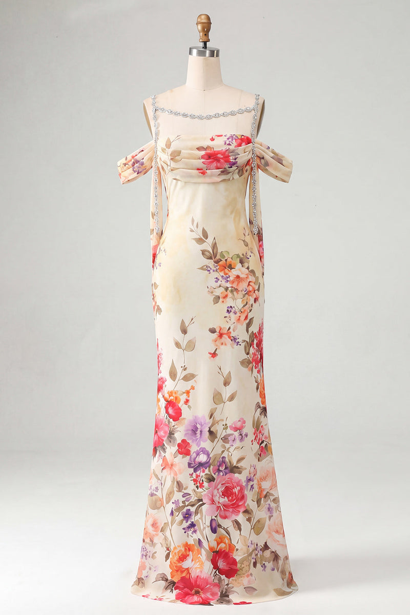 Load image into Gallery viewer, Black Floral Off the Shoulder Beaded Ruched Long Mermaid Formal Dress with Cape