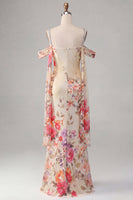 Load image into Gallery viewer, Black Floral Off the Shoulder Beaded Ruched Long Mermaid Formal Dress with Cape