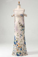 Load image into Gallery viewer, Black Floral Off the Shoulder Beaded Ruched Long Mermaid Formal Dress with Cape