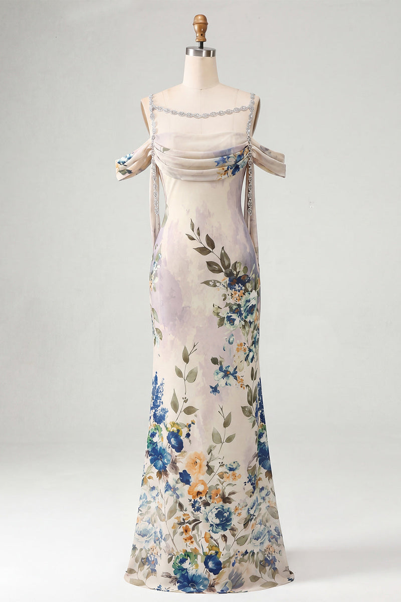 Load image into Gallery viewer, Black Floral Off the Shoulder Beaded Ruched Long Mermaid Formal Dress with Cape