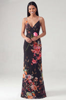 Load image into Gallery viewer, Black Floral V-Neck Mermaid Long Formal Dress with Beading