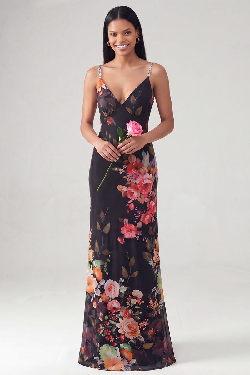 Load image into Gallery viewer, Black Floral V-Neck Mermaid Long Formal Dress with Beading