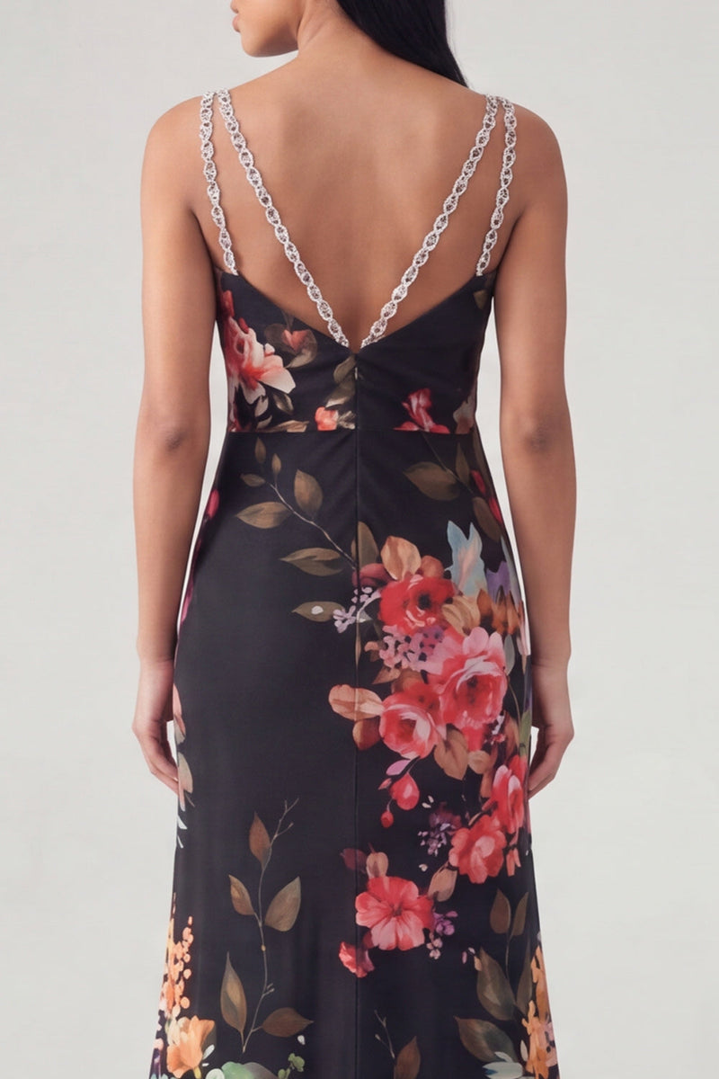 Load image into Gallery viewer, Black Floral V-Neck Mermaid Long Formal Dress with Beading