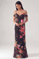 Load image into Gallery viewer, Black Floral Off the Shoulder Ruched Long Mermaid Formal Dress with Beading