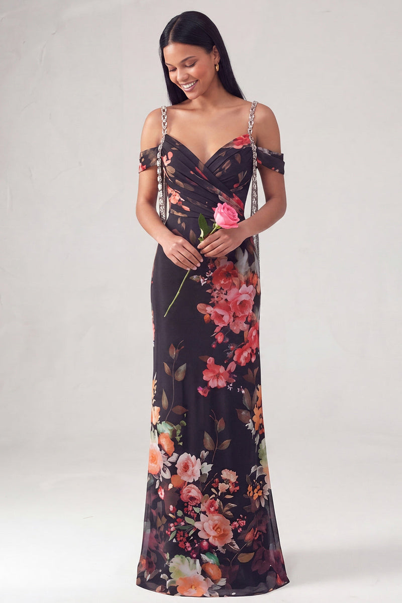 Load image into Gallery viewer, Black Floral Off the Shoulder Ruched Long Mermaid Formal Dress with Beading