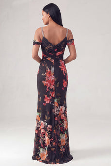 Black Floral Off the Shoulder Ruched Long Mermaid Formal Dress with Beading